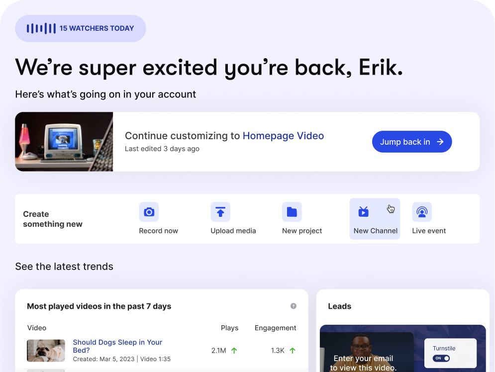 Screenshot of Wistia's in-app home page showing personalized dashboard with quick access to media, analytics, and actions